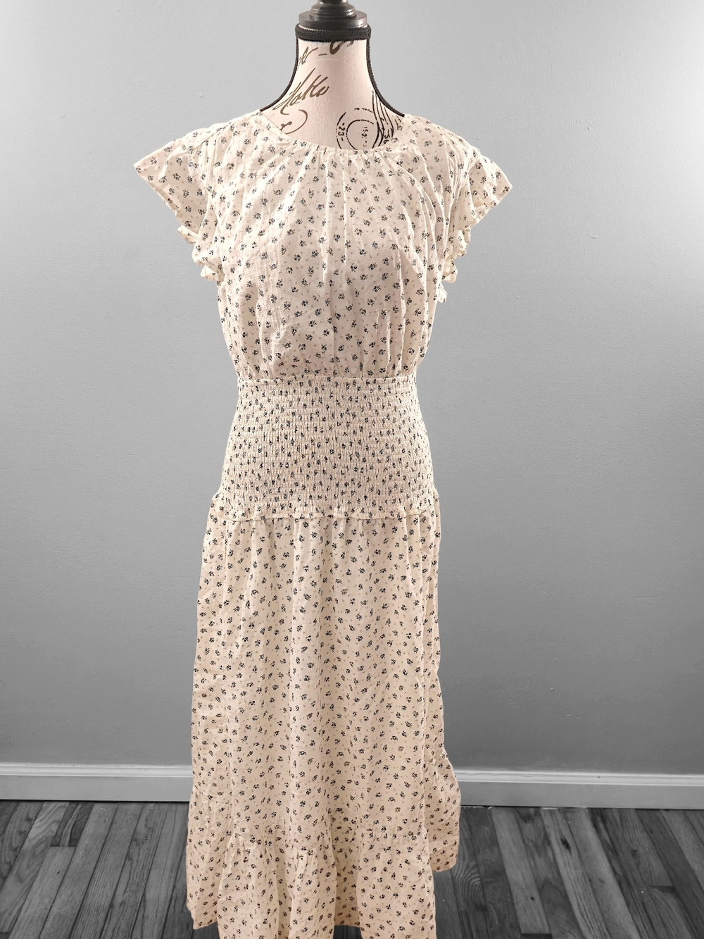 Cream Floral Smocked Maxi Dress with Flutter Sleeves